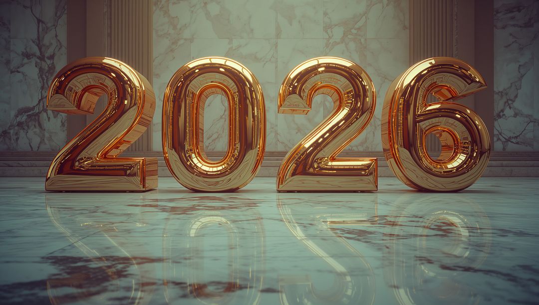 Golden 2026 Numerals Reflecting on Polished Marble Floor in Neoclassical Hall