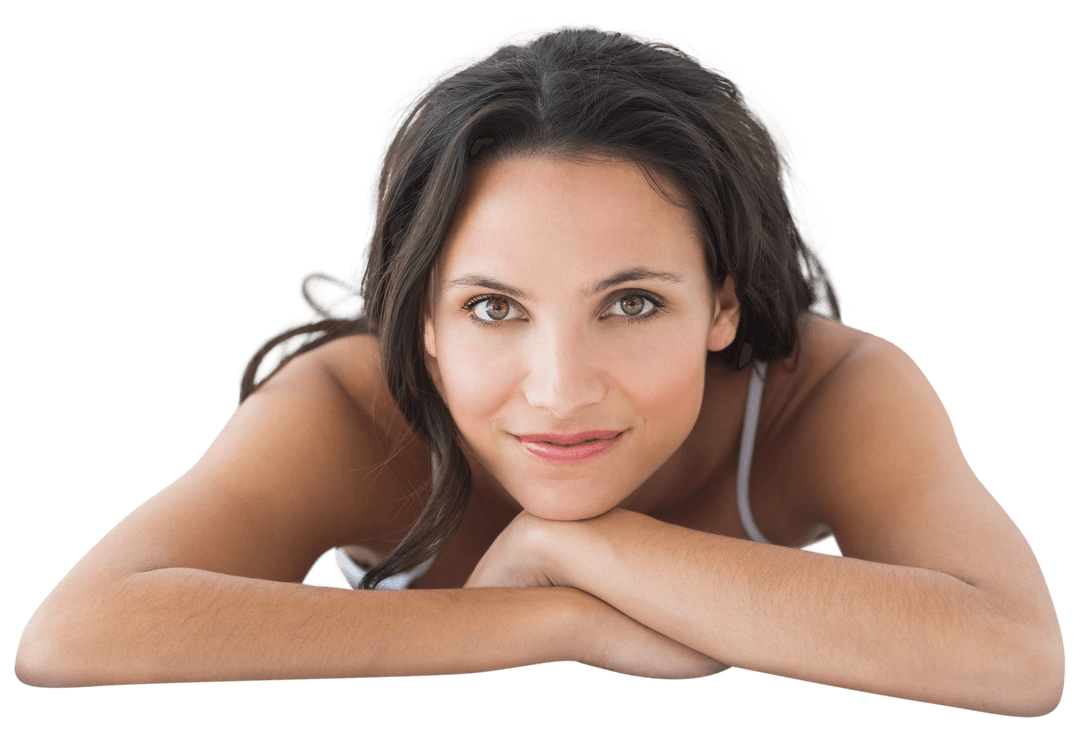 Happy Caucasian Woman Lying Relaxed on Transparent Background