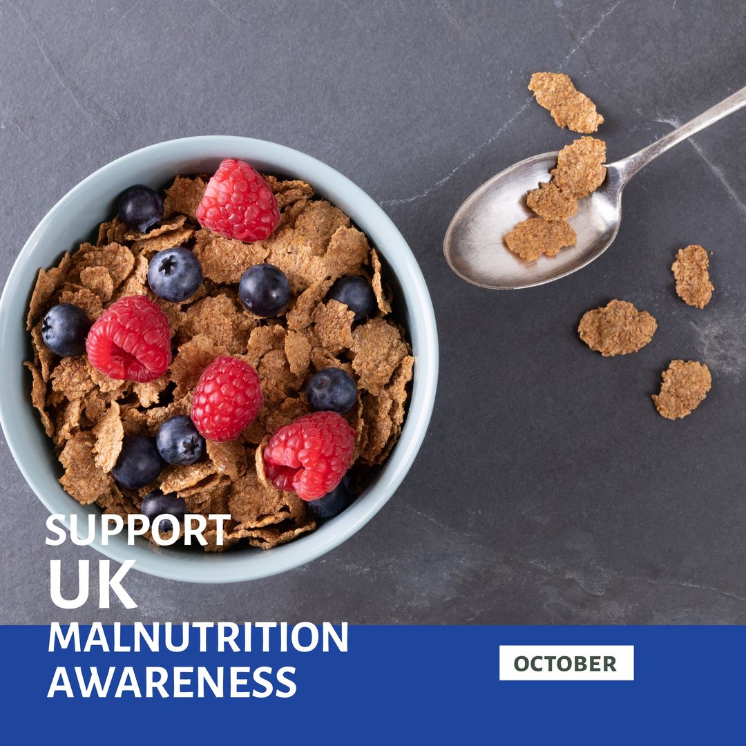 Composition of support uk malnutrition awareness text with cereal with fruits on grey background - Download Free Stock Templates Pikwizard.com