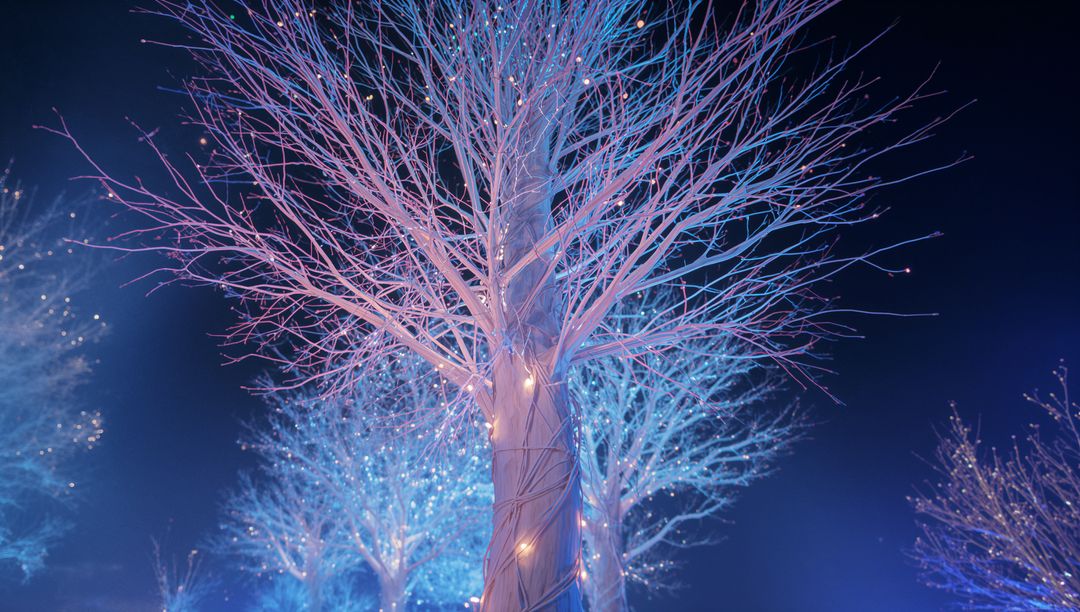 Illuminated Trees with String Lights in Fantasy Ambiance