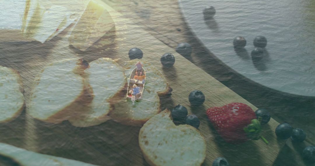 Men Rowing on Serene Lake with Bread and Berries in Foreground