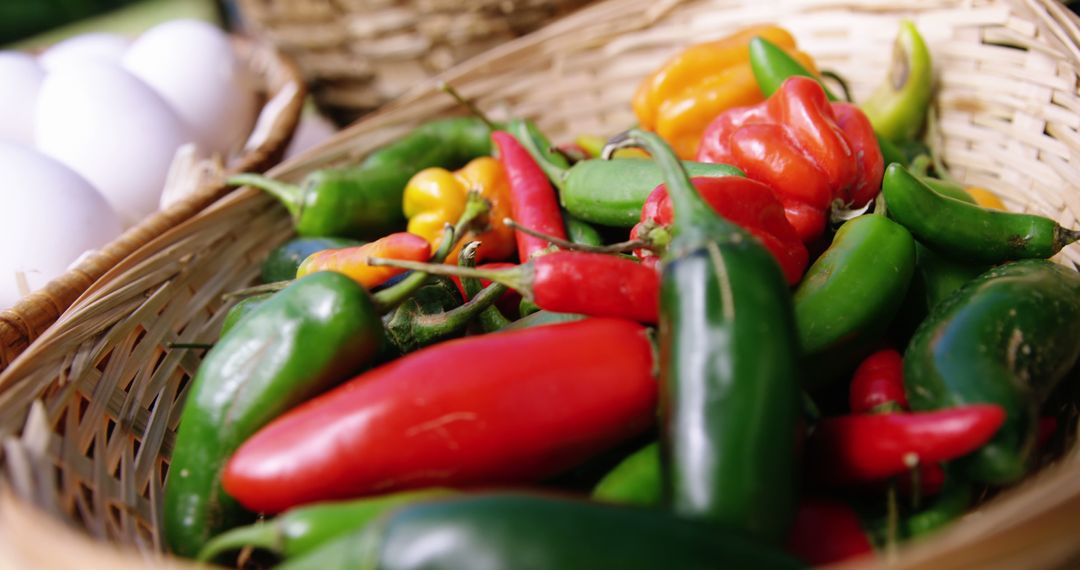 Colorful variety of chili peppers in a wicker basket - Free Images, Stock Photos and Pictures on Pikwizard.com