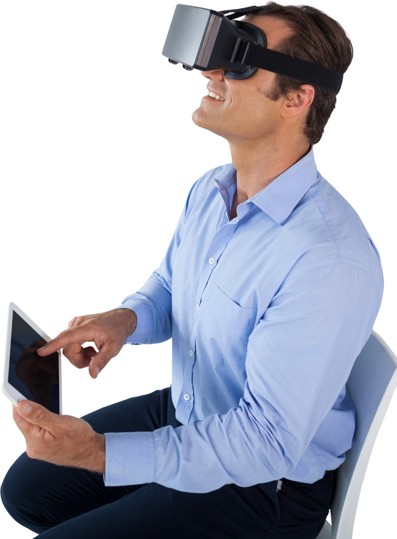 Smiling Businessman Wearing VR Glasses, Holding Tablet in Transparent Setting - Download Free Stock Images Pikwizard.com