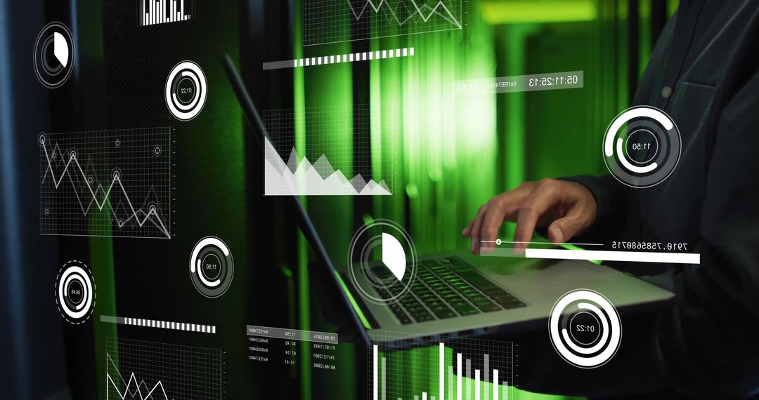 Businessman Analyzing Data on Laptop with Futuristic Graphics Overlay