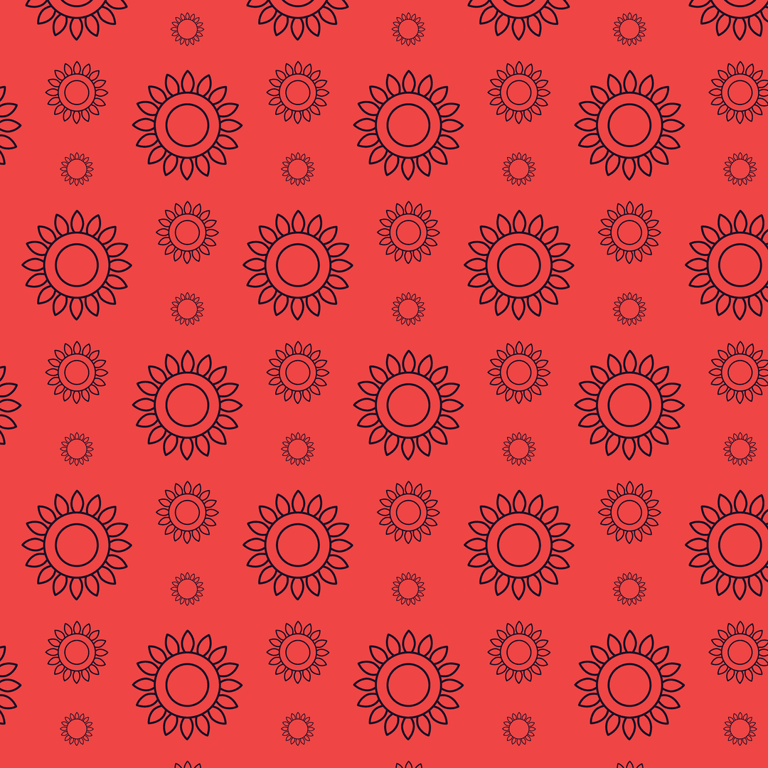 Transparent Floral Pattern with Black Line Flowers on Red Background