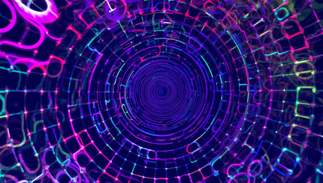 Neon Spiral Vortex Pulling Hexagonal Grid into Luminous Digital Tunnel with Rings