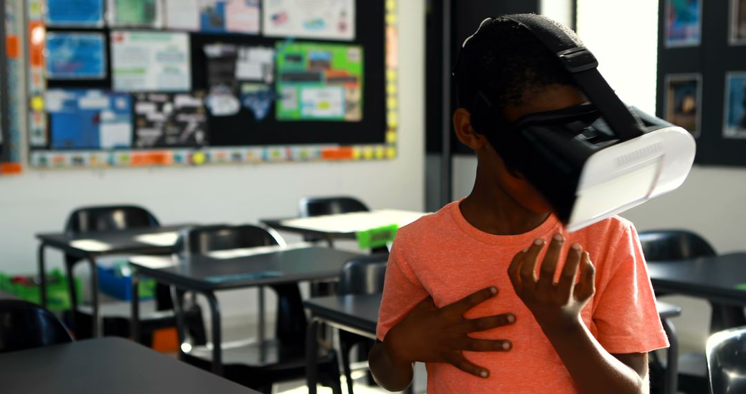 Child Using Virtual Reality Headset in Classroom