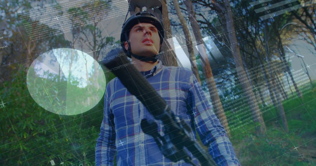 Man in Forest Engaging with AR Navigation Technology