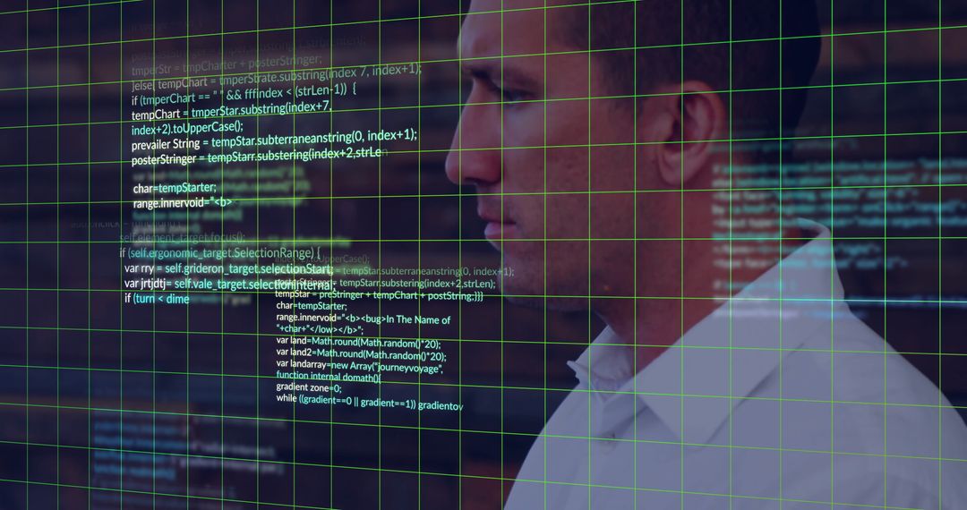 Tech professional analyzing code with digital interface in futuristic lab