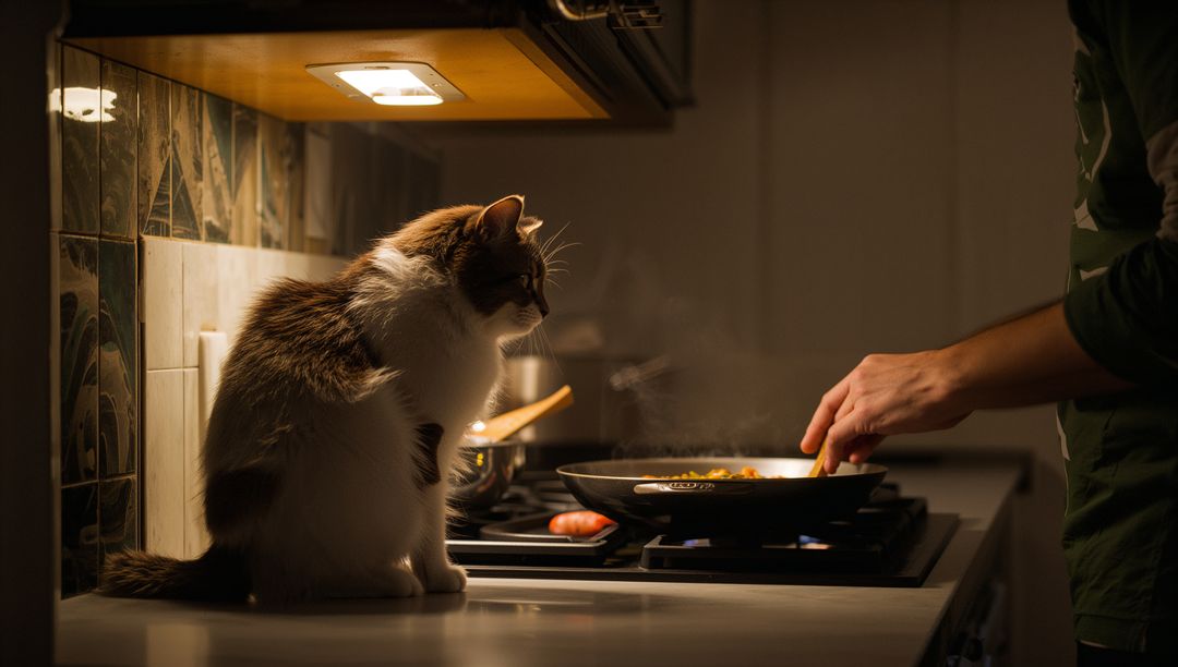 Curious longhaired cat watching home cook stirring skillet on stovetop under warm light