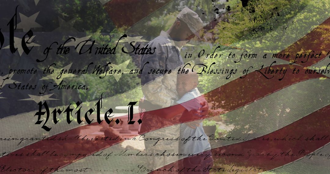 African American Soldier Embracing Child with US Flag Overlay