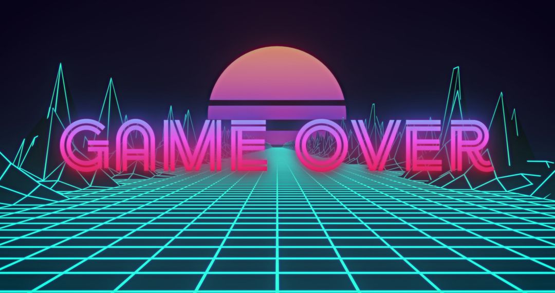 Retro Neon Game Over Screen with Glowing Grid and Pink Sun