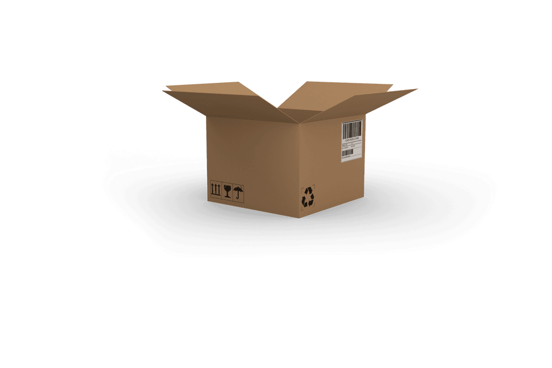 Open Carton Box on Transparent Background with Recycling Symbols