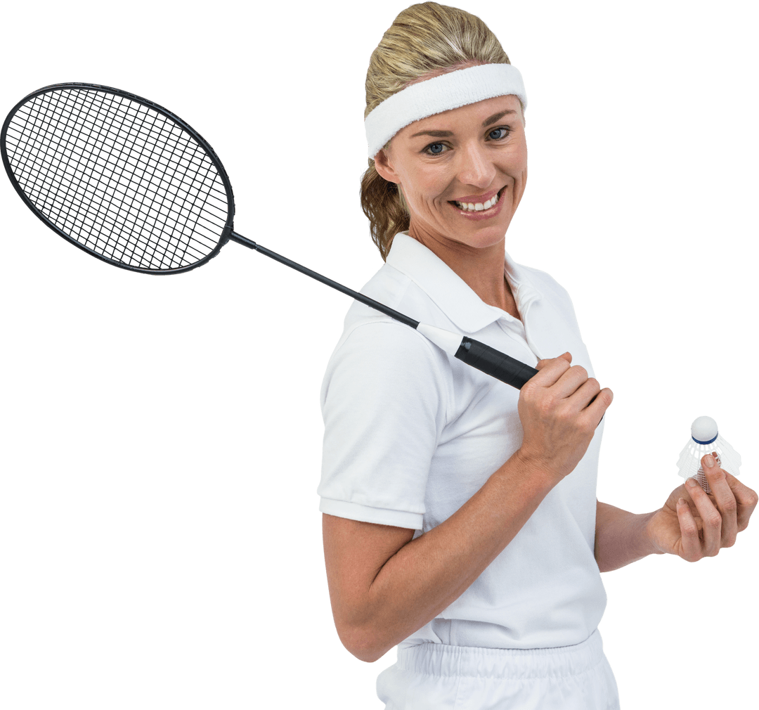 Smiling Female Athlete Holding Badminton Racket and Shuttlecock Transparent