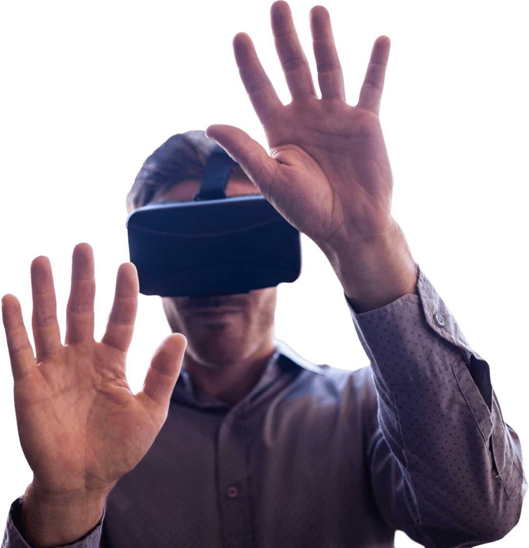 Man Using VR Glasses Raising Hands on Transparent Background