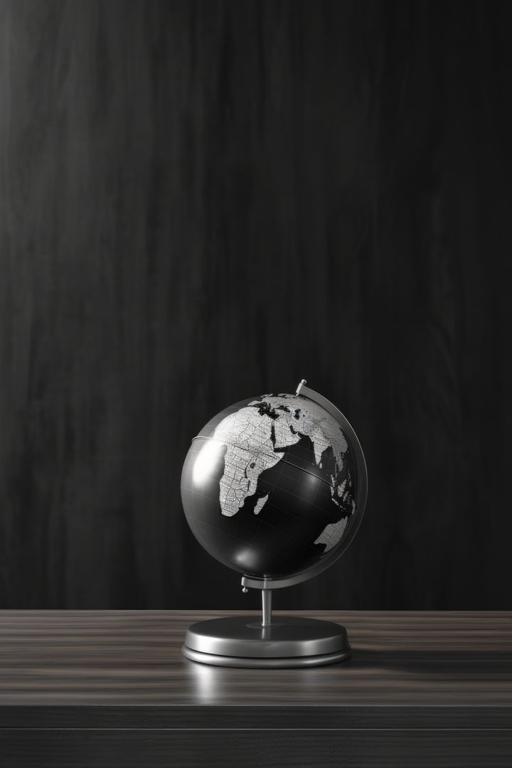 A sleek black and silver globe sits on a wooden surface, with copy space - Free Images, Stock Photos and Pictures on Pikwizard.com