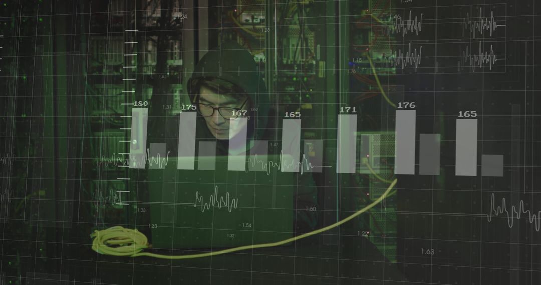 Cybersecurity Specialist Analyzing Network Data in Data Center