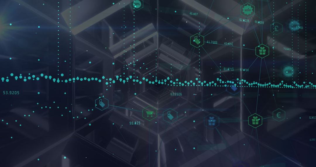 Futuristic Data Network with Digital Icons in Geometric Tunnel