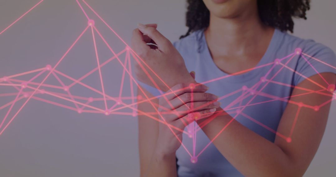 Woman Grasping Wrist with Innovative Network Graphic Overlay