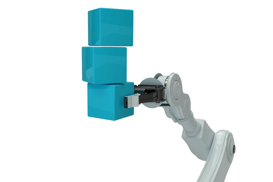 Transparent Robotic Arm Stacking Blue Boxes Industrial Precision