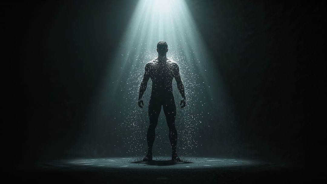 Silhouette of Muscular Man Under Falling Droplets in Spotlight