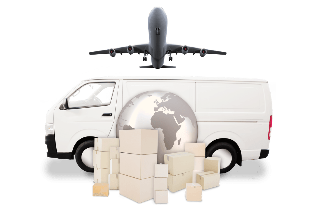 Global Transport Concept with Plane, Truck, Boxes on Transparent Background