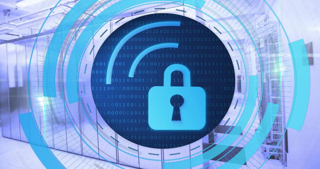 Digital Data Security in Server Room with Padlock Hologram