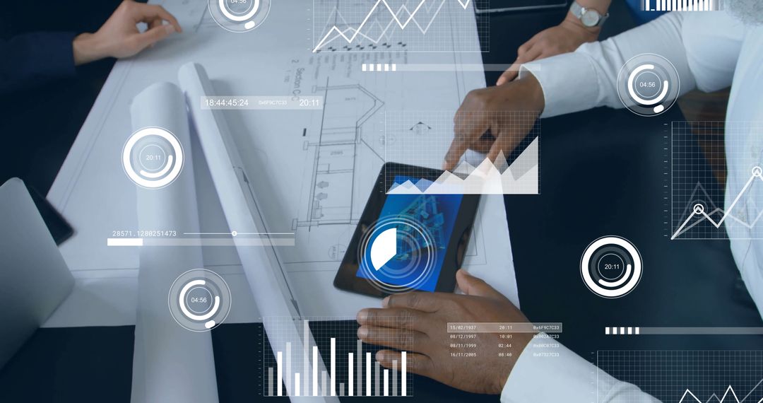 Colleagues Analyzing Data at Office Table with Digital Interface Graphics