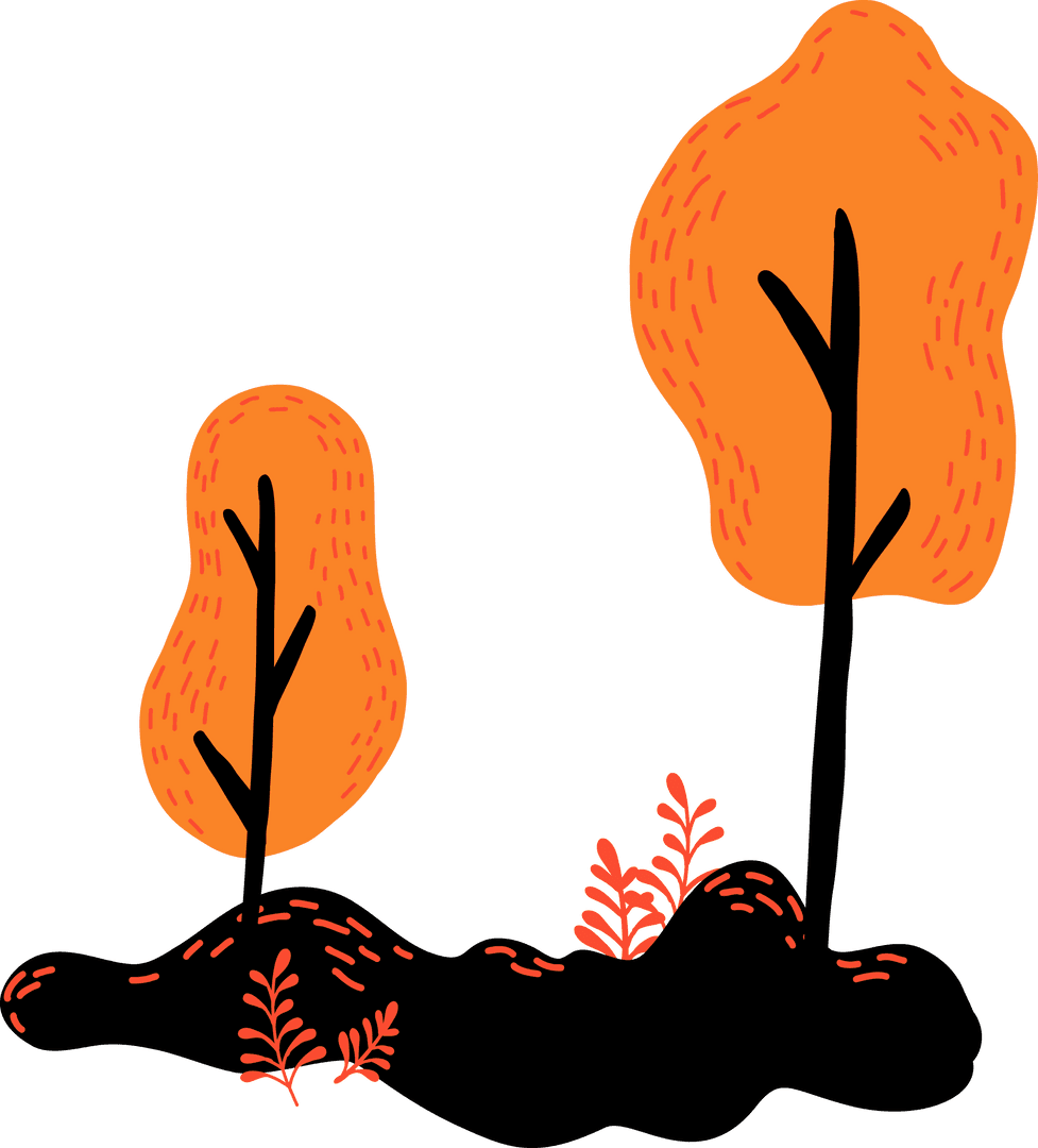 Stylized Transparent Orange Trees on Black Mound Illustration