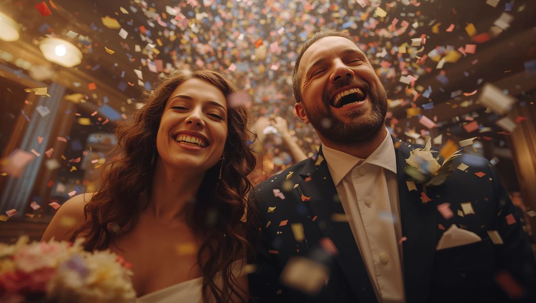 Joyful Newlyweds Celebrating With Confetti in Elegant Setting