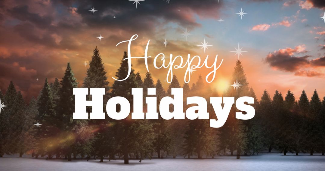 Happy Holidays Text Overlay on Snowy Twilight Forest