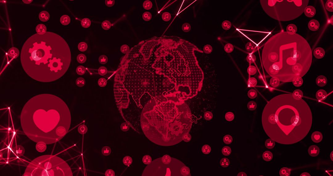 Glowing Red Globe with Digital Icons and Connections