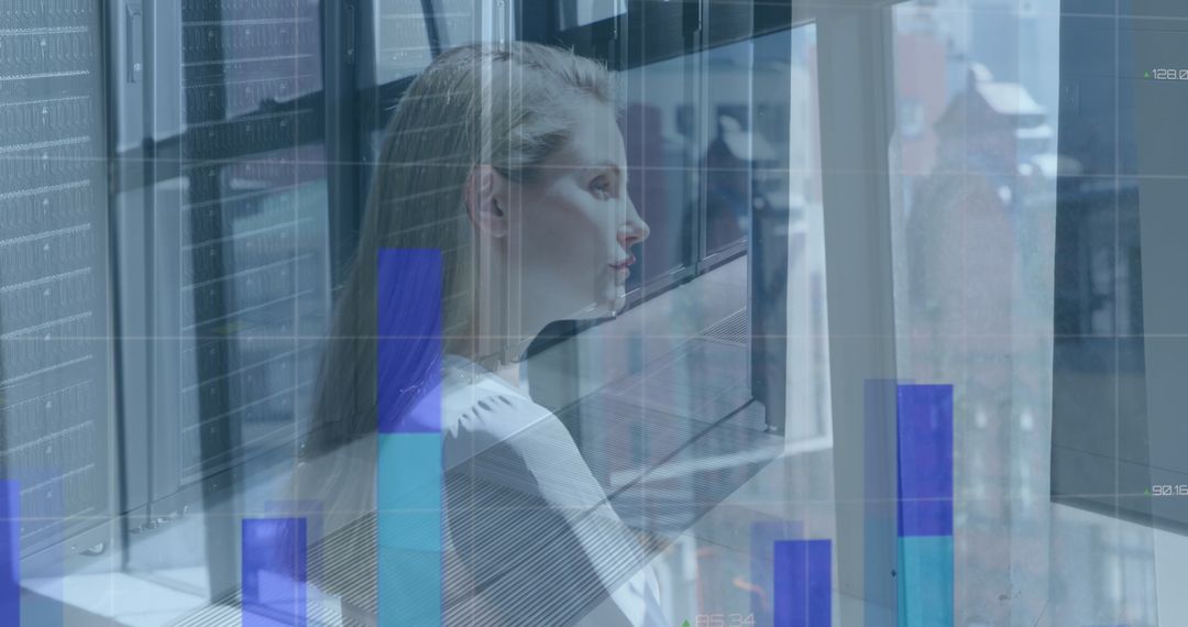 Digital Overlay of Server Data and Reflective Woman in Office