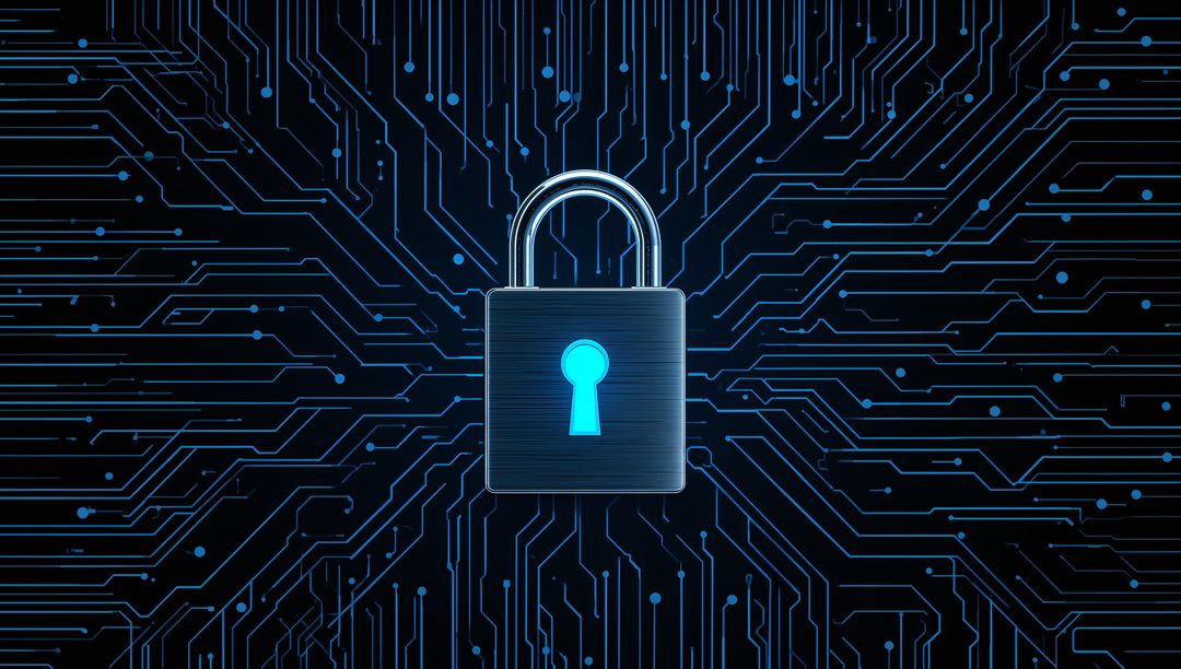 Glowing Padlock on Blue Circuit Board Symbolizing Network Security