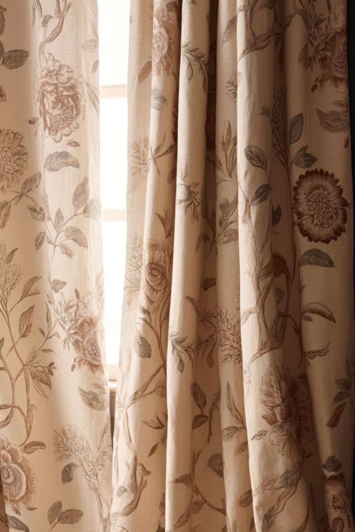 Close-up of Elegant Floral Pattern Beige Curtains - Free Images, Stock Photos and Pictures on Pikwizard.com