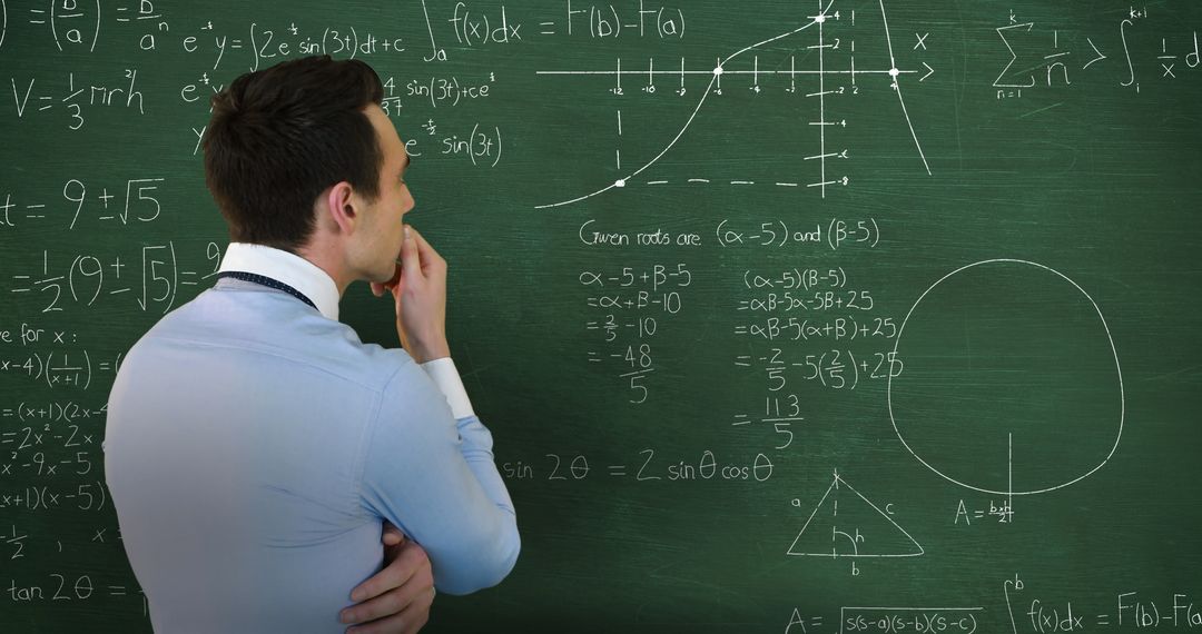 Mathematician Analyzing Complex Chalkboard Equations