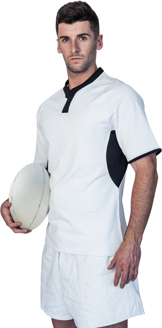 Focused Rugby Player Holding Ball in Sports Attire Transparent Background