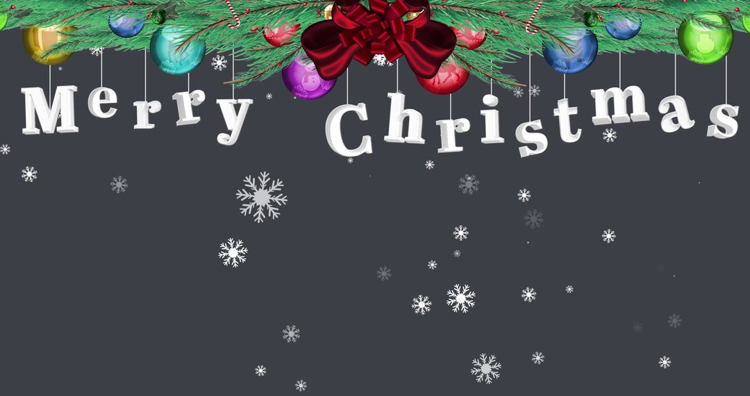 Festive Christmas Card with Ornamented Fir Tree and Falling Snow