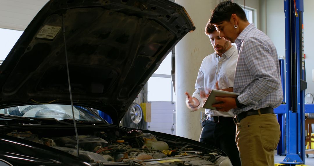 Mechanic explaining car engine details with tablet in auto repair shop - Free Images, Stock Photos and Pictures on Pikwizard.com