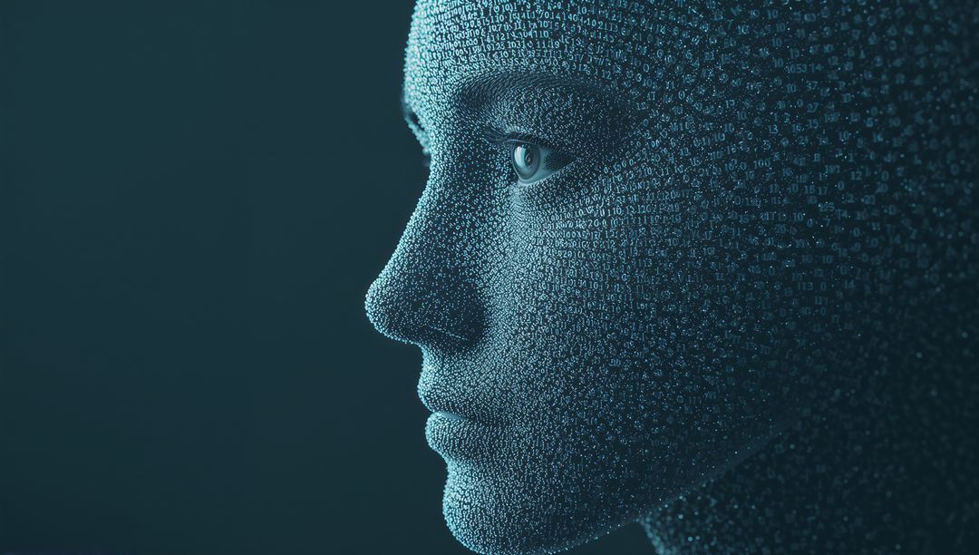 Futuristic digital humanoid profile forming from binary particles with teal lighting