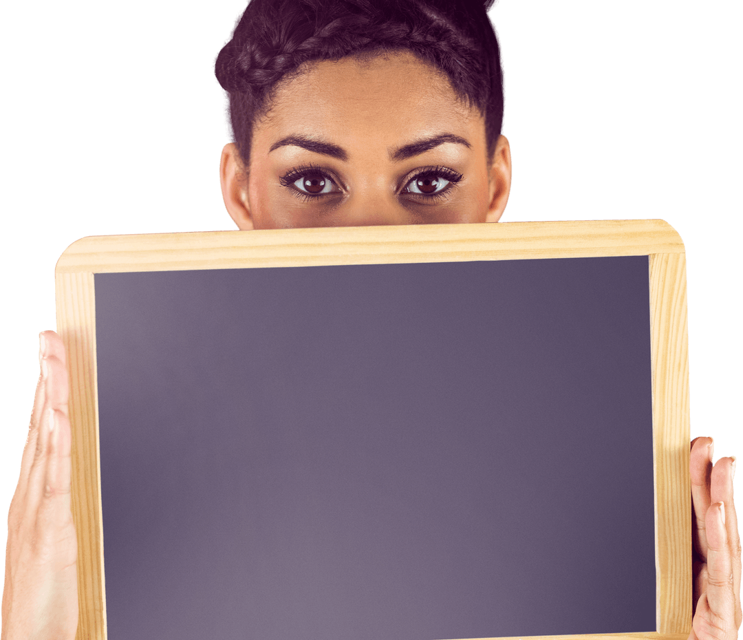 Transparent Chalkboard Concealing Woman's Lower Face