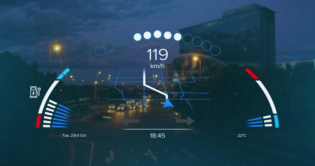 High-Tech Digital Speedometer Overlay with Cityscape