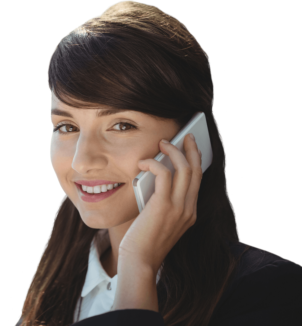 Transparent Businesswoman Smiling on Phone Call