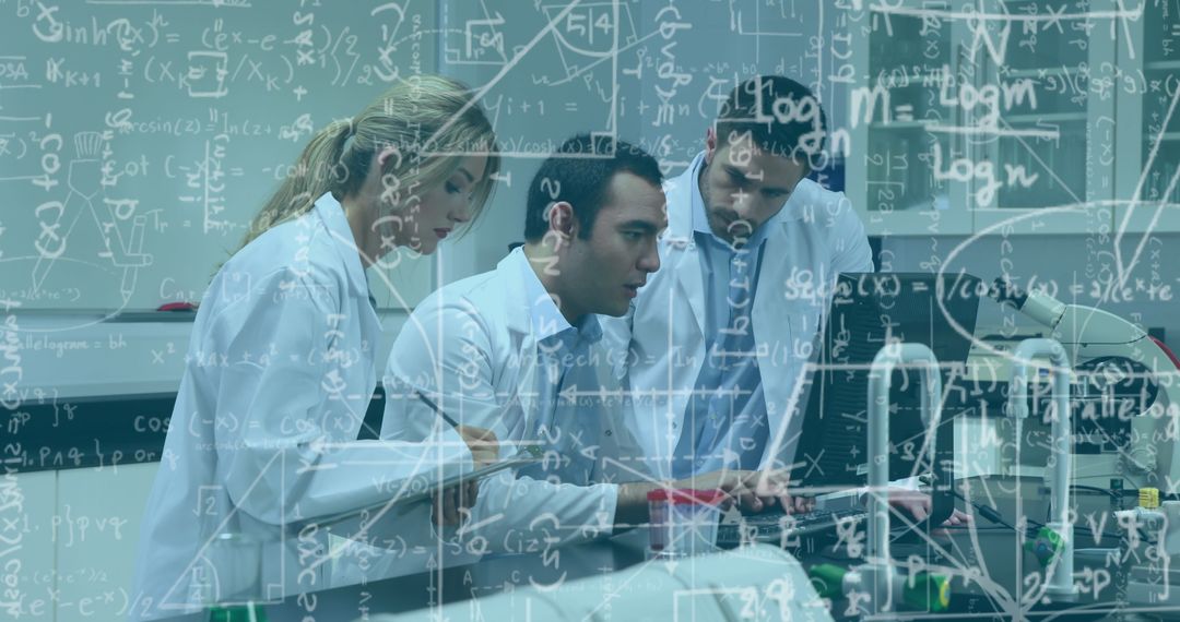 Mathematical Formulas Overlay with Scientists in Laboratory