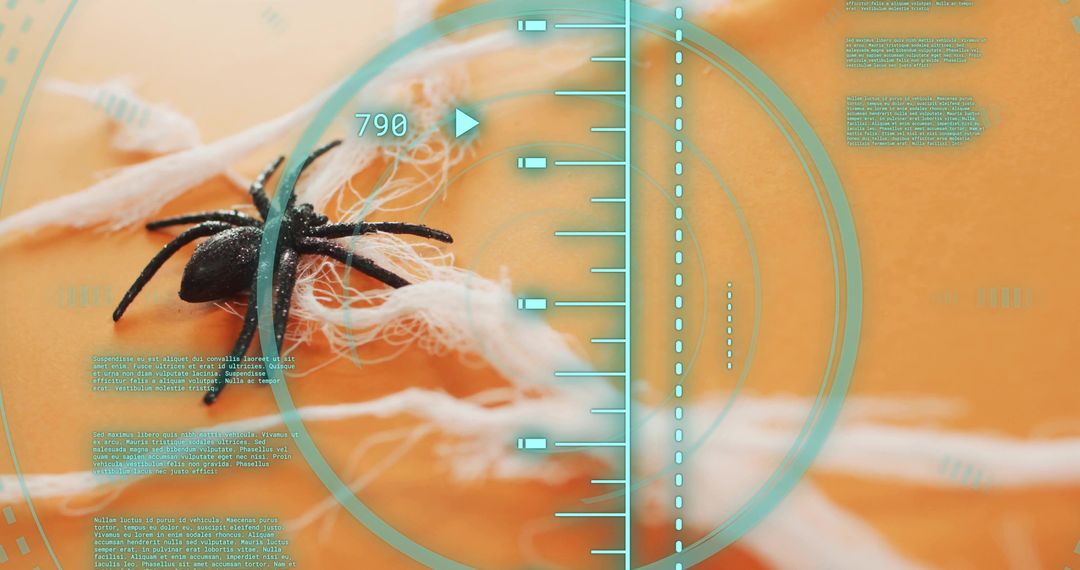 Macro black spider resting on frayed white fibers with teal HUD overlay on orange backdrop