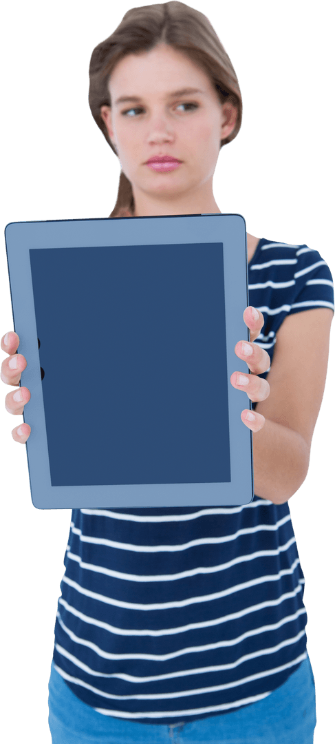 Woman Displaying Transparent Tablet PC with Blue Screen