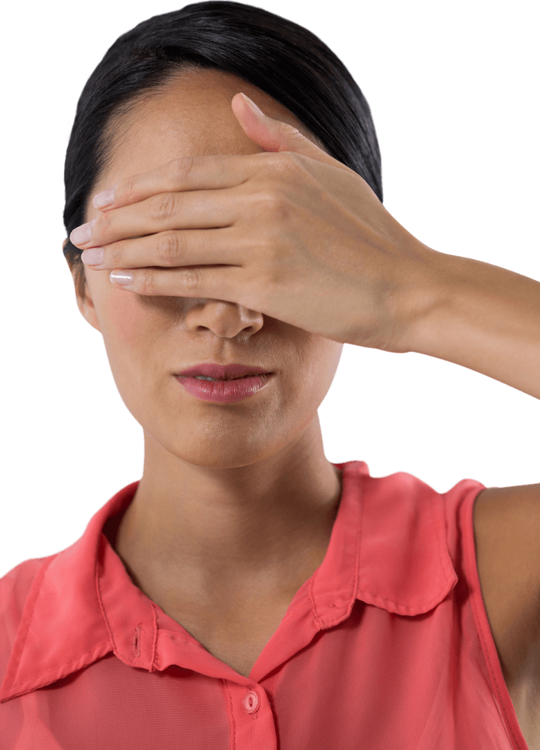 Woman Covering Eyes with Open Hand Transparent Background Close-up