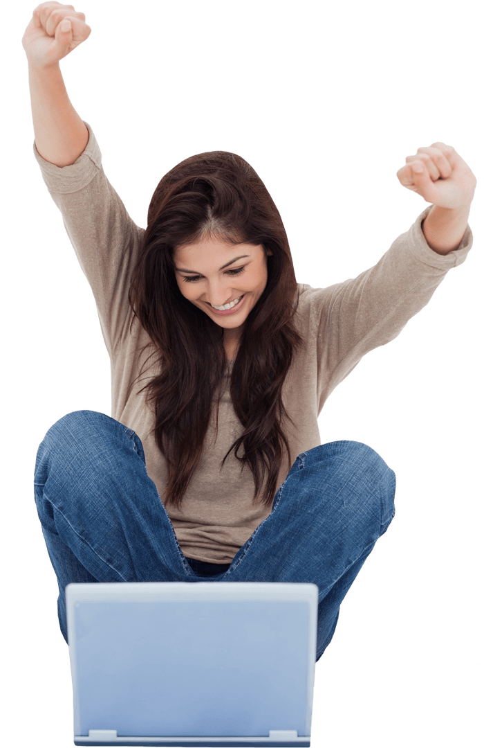 Joyful Young Woman Celebrating Success on Computer with Transparent Background