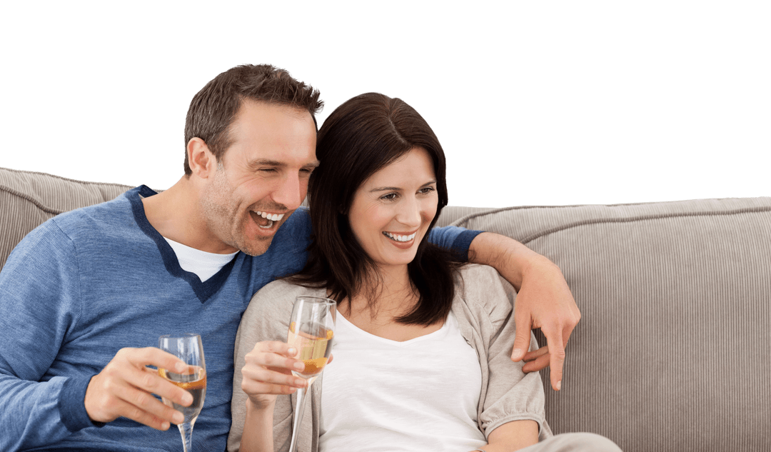 Transparent Couple Enjoying Champagne Together on Sofa