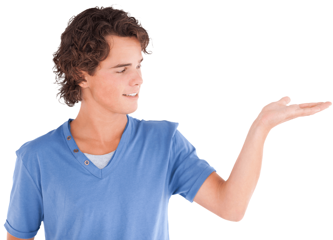 Young Man in Blue Shirt Holding Copy Space Isolated Transparent Background